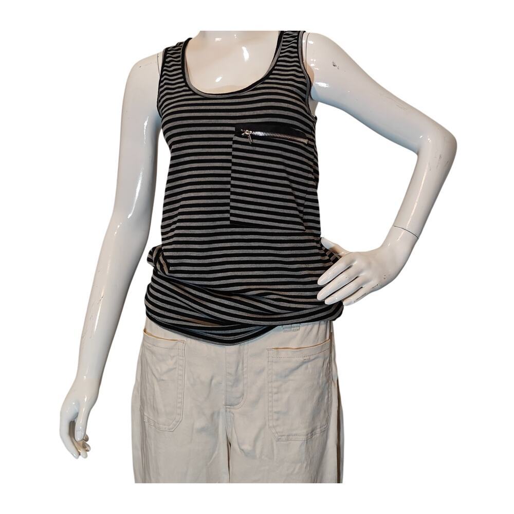 Cozy Casual Black Gray Striped Tank Top Zip Pocket Stretch Size S